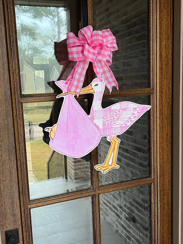 Pink Stork with Pattern Door Hanger for wholesale by Home Themed Home