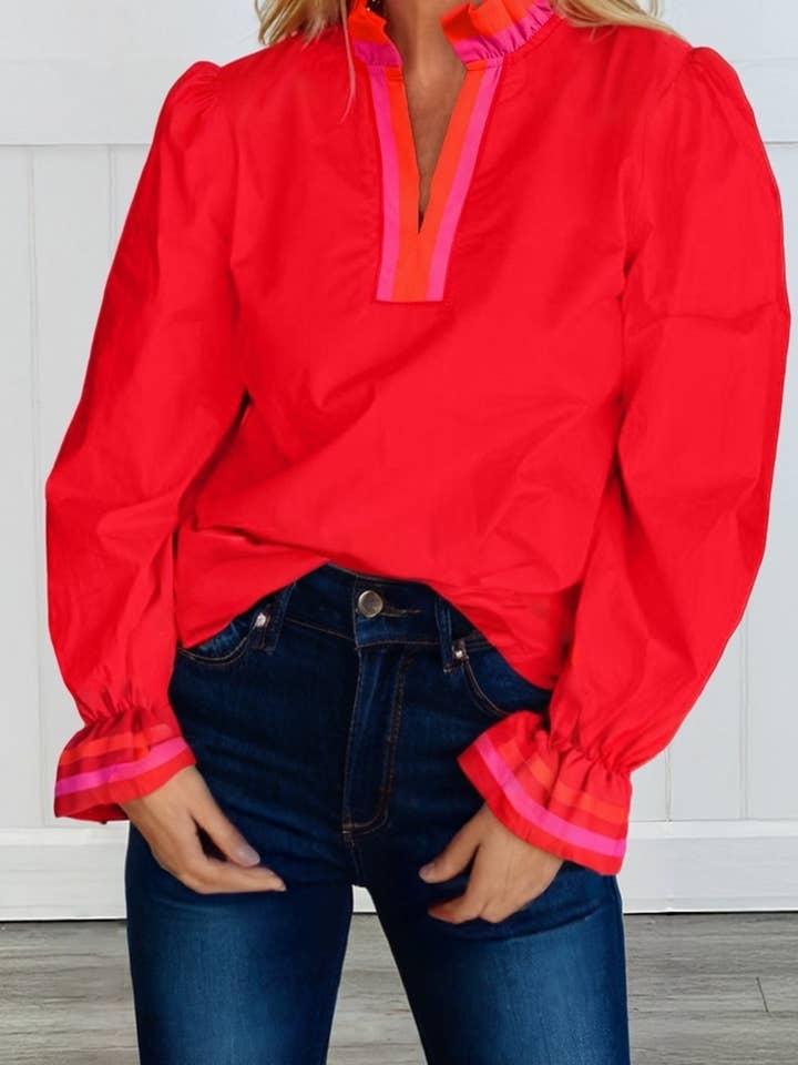 LAS Striped Trim Ruffle Split Neck Long Sleeve Blouse (S-XL) for wholesale by LA Society