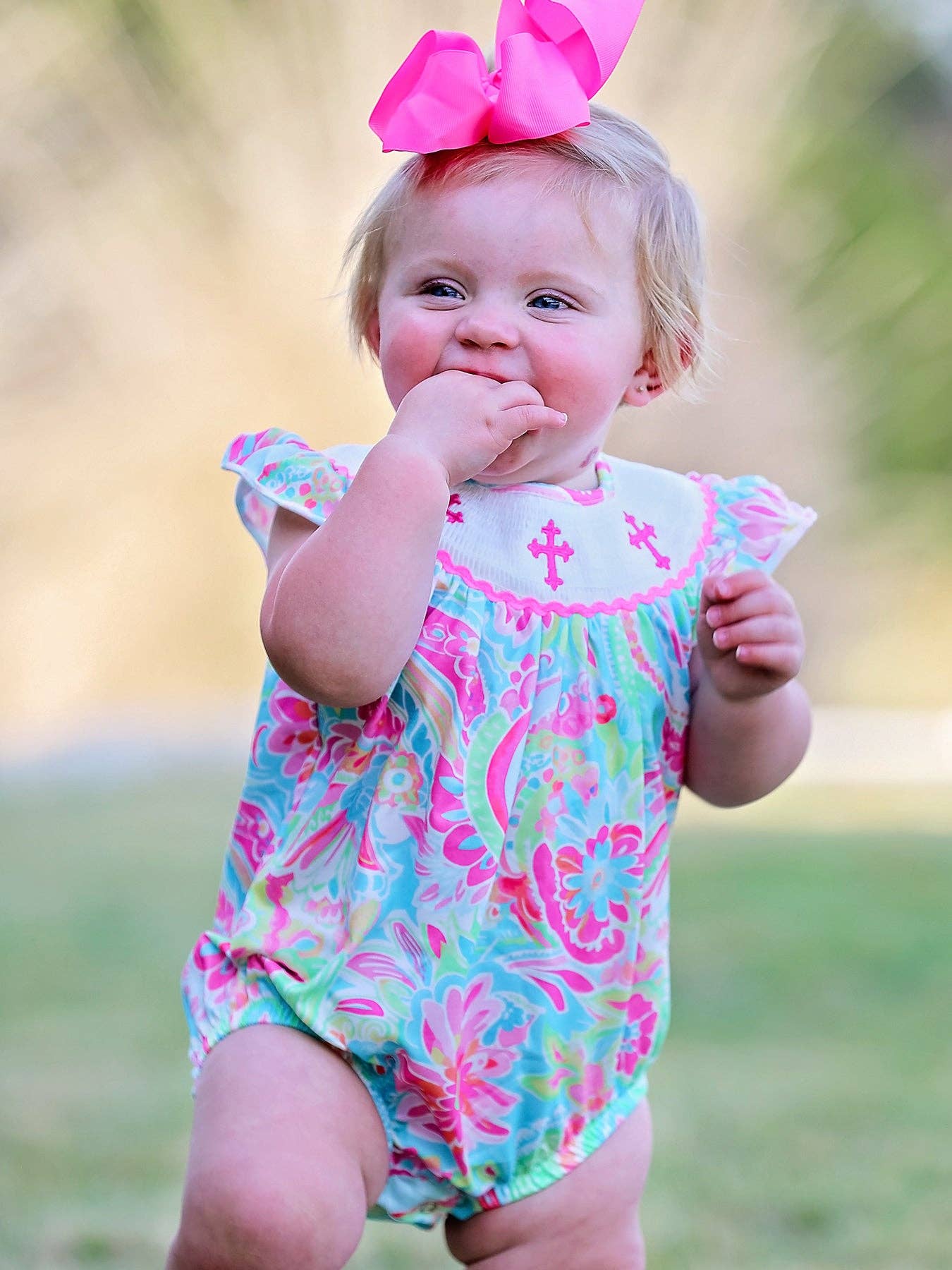 Rylee Faith Designs – wholesale Bodysuit (non-footed) – Baby – Easter Cross Smocking Embroidery Baby Girl Romper2