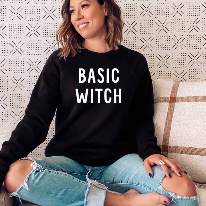 Basic Sweatshirt met heksenprint, Halloween ronde hals voor wholesale door Amber Marie Design