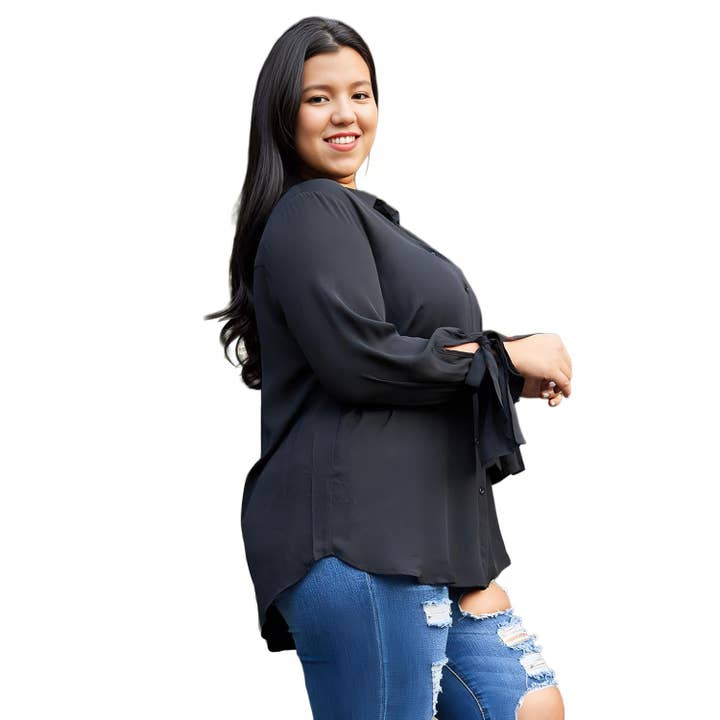 Pleione Plus Size Self-tie Bell Cuff Button Down Shirt Blouse In Black for wholesale on Faire1