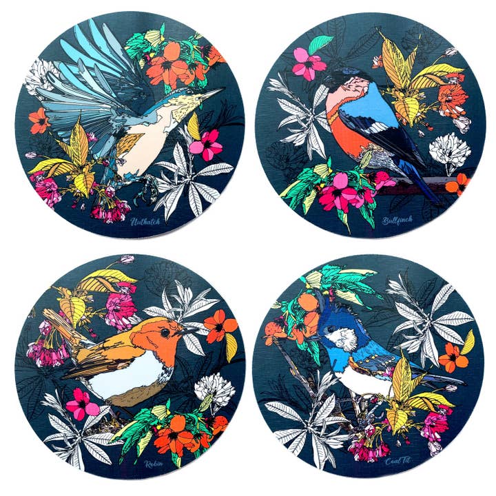 Bean and Bemble - Wholesale Coasters - Coasters Box Set Round Melamine Wood British Garden Birds Mixed