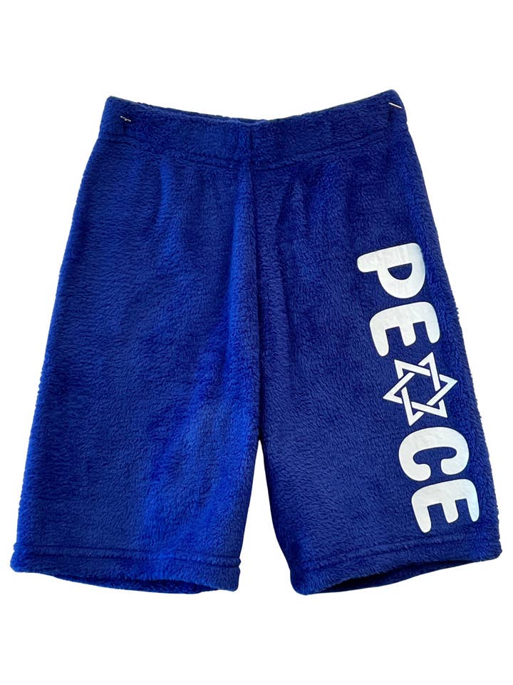 Made With Love & Kisses - Wholesale Lounge Shorts - Kids - Fuzzy Royal Blue Boys Pajama Shorts with "PEACE with Jewish Star" vinyl applique
