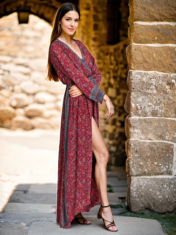 Kimago Look - Vente Robe – femme - Robe longue style bohème en soie bordeaux à imprimé cachemire avec fente0