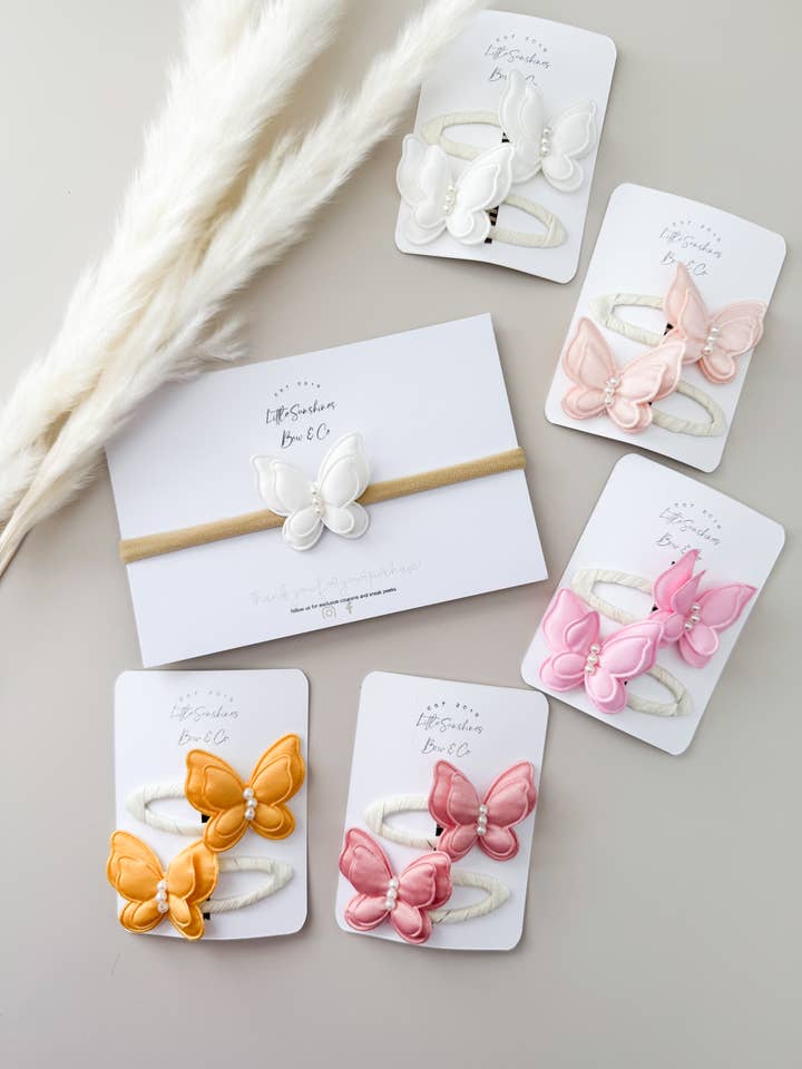 Satin Butterflies Snap Clips & Nylon Headbands for wholesale by Little Sunshines Bow & Co