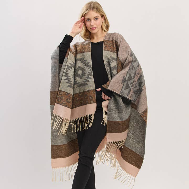 Hana – wholesale Kimono – Women's – Aztec Leopard Pattern Western Style Fringe Ruana