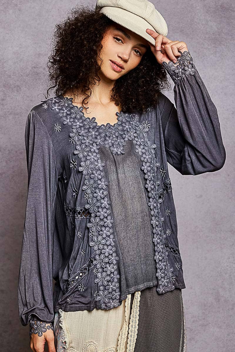 Pol Clothing - Wholesale Blouse - Women's - Long Sleeve Contrast Floral Lace Crochet V-Neck Top18