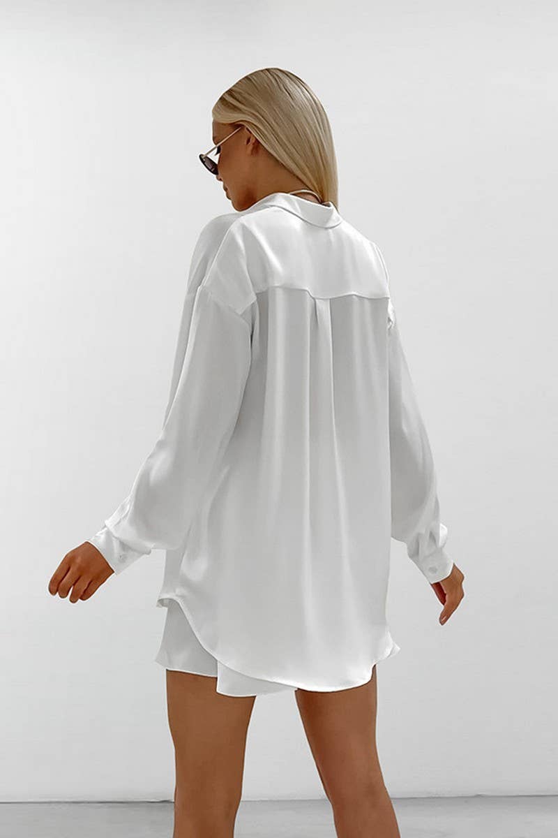 BLANC ENSEMBLE DE PYJAMA SATIN À MANCHES LONGUES ET SHORTS DEUX PIÈCES CWSPJ0286 en vente sur Faire4