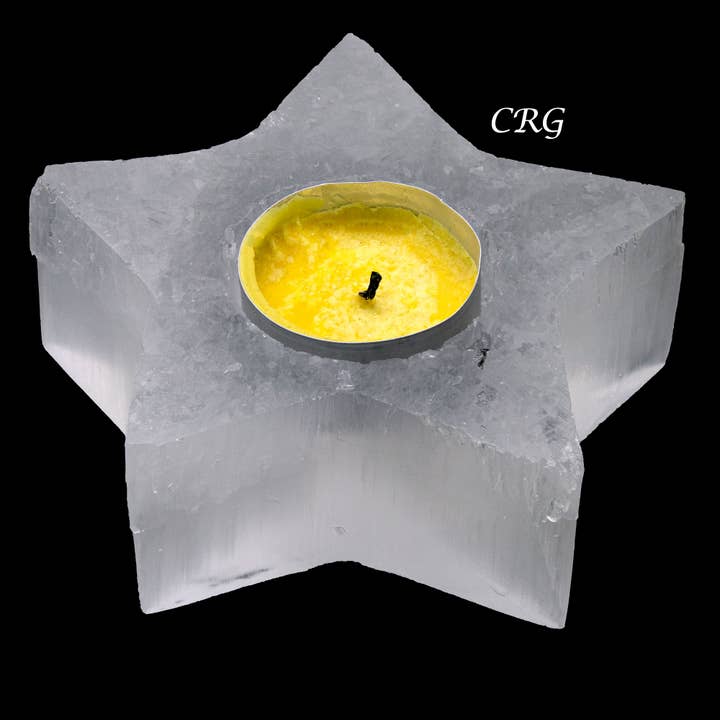 QTY 1 - Selenite 5-Point Star Candle Holder / 4" for wholesale by Crystal River Gems LLC