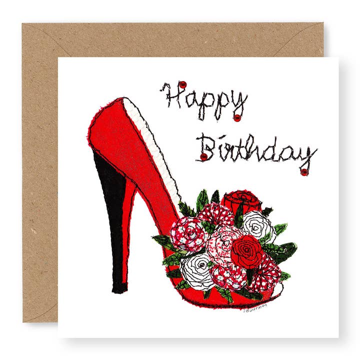 Red Shoe Birthday Card - Hand Jewelled for wholesale by Jane Buurman Handmade (Greetings Cards)
