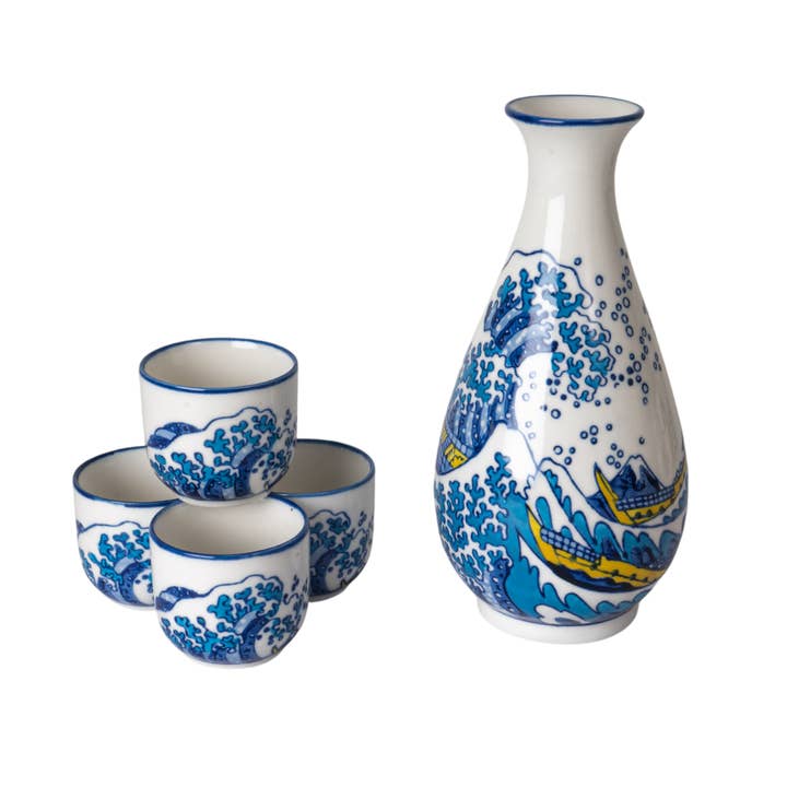 Urban Tokyo - Wholesale Drinking glass/cup - Great Wave Porcelain Glazed 10 oz Sake Bottle and 4 Cups Gift Set (1/16)