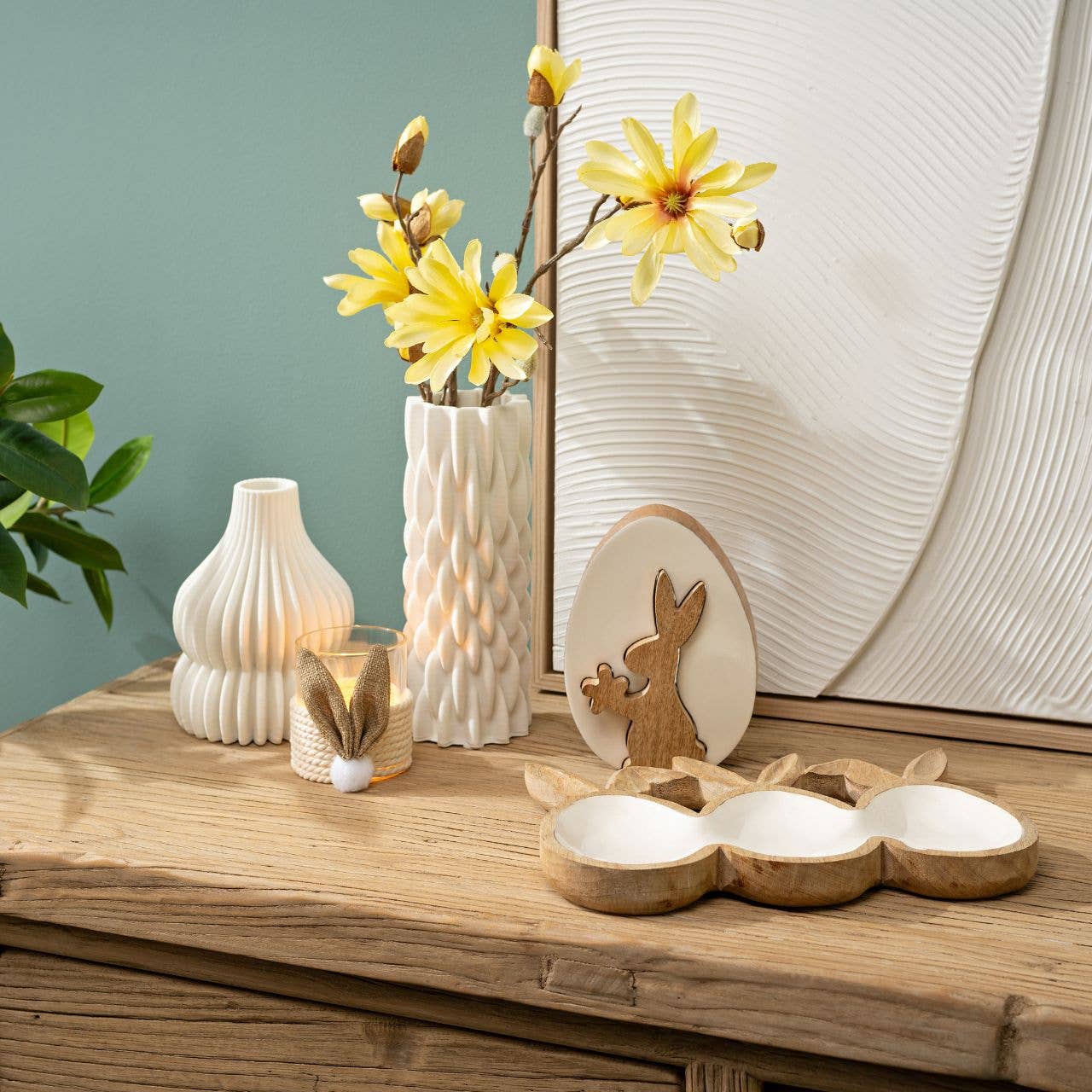 Wurm - Wholesale Decorative Figurine - Easter egg stand with rabbit made of mango wood, set of 2, natural/white (W/H/D) 12x16x4cm2