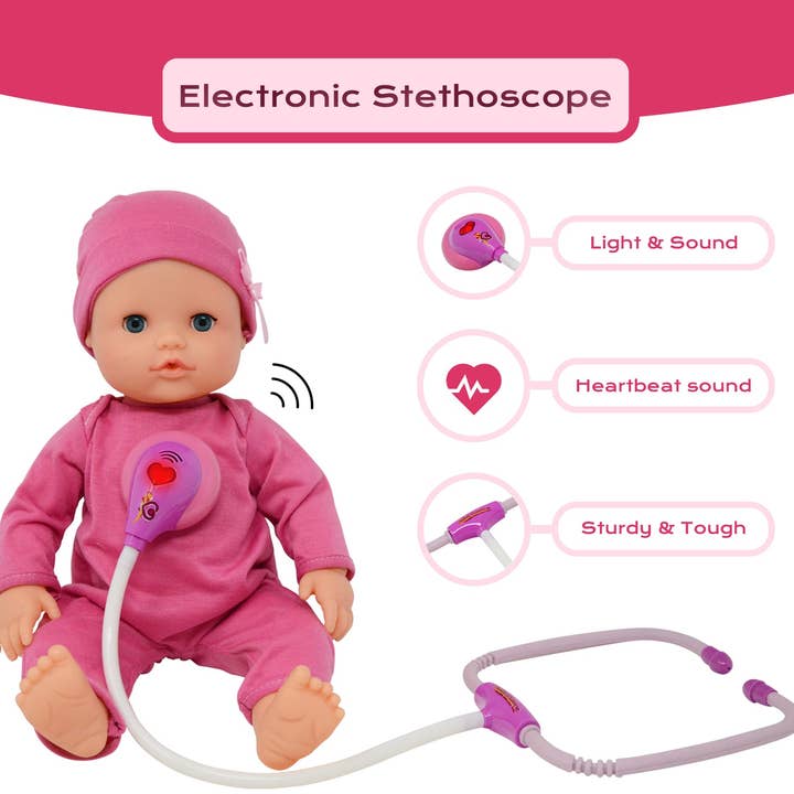 The New York Doll Collection - Wholesale Doll Accessory Kit - Kids - Interactive 16” Baby Doll Toy Doctor Kit Set for Kids – Pink