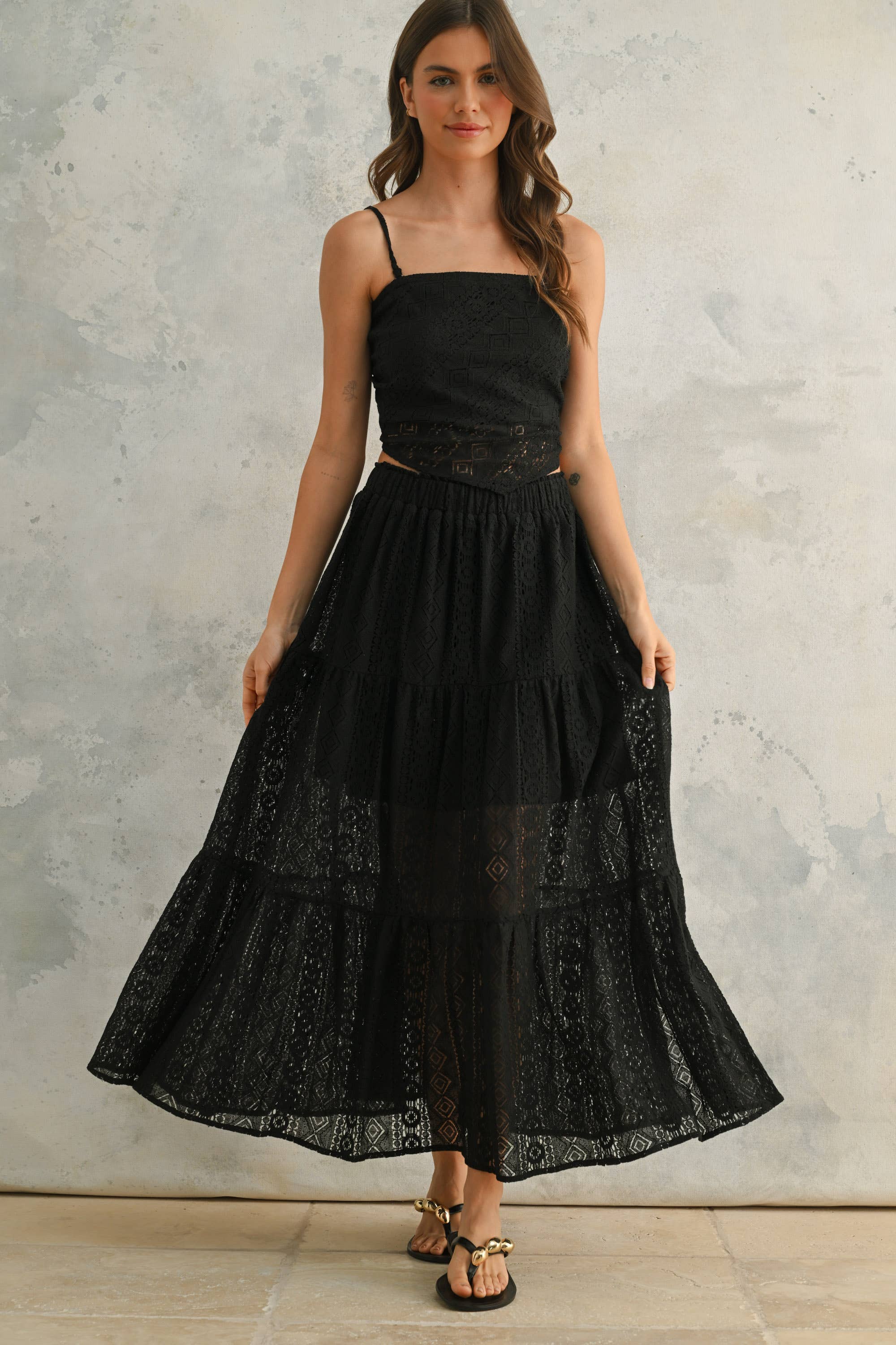 Black S5589ST   CROCHET LACE TIERED SKIRT for wholesale on Faire3