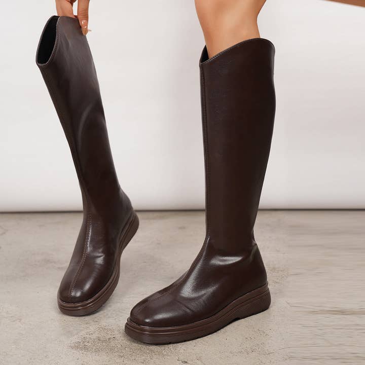 Brown Women Boots Boots Women Faux Leather Flat Boots Autumn Winter Knee Length Boots for wholesale on Faire