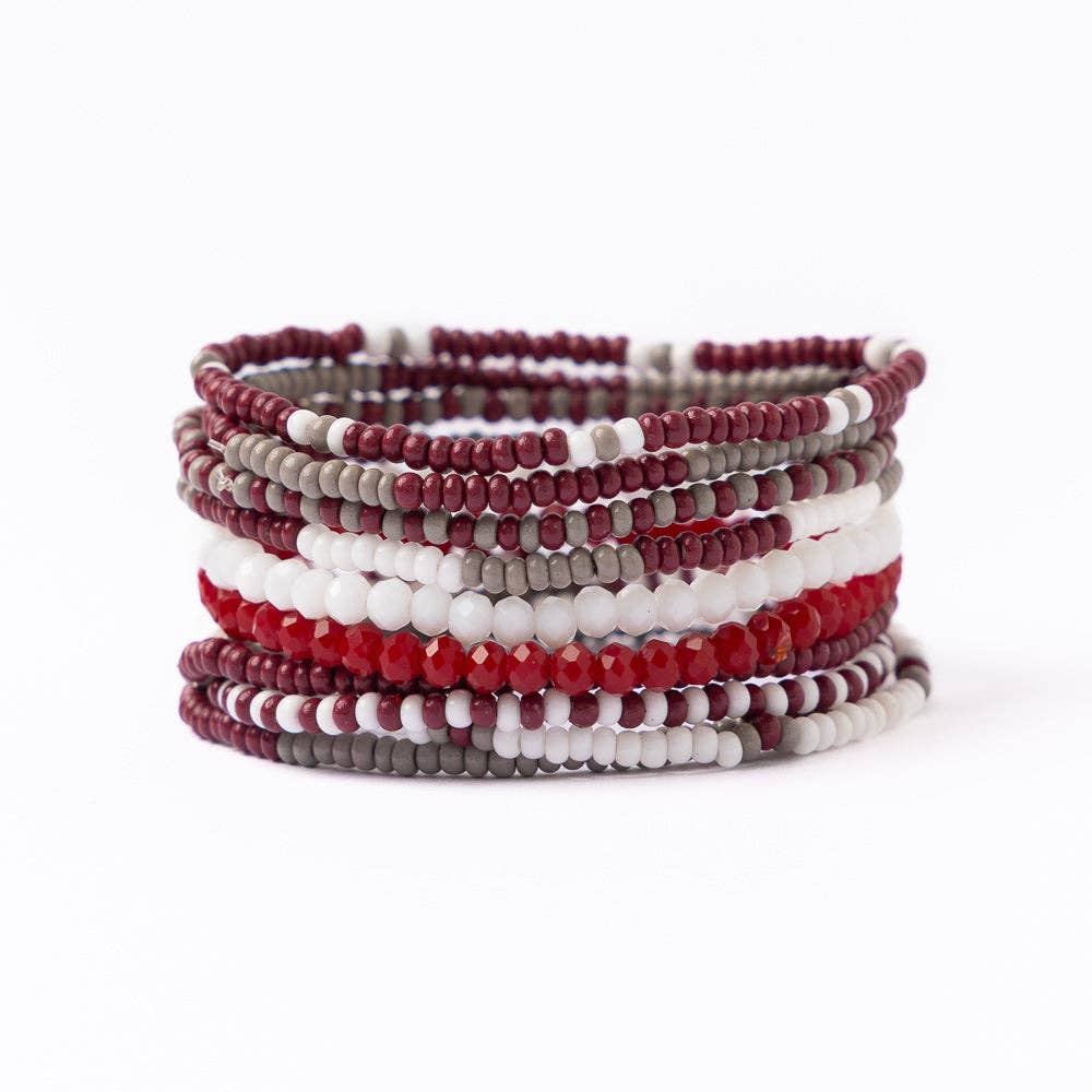 INK + ALLOY - Wholesale Beaded Bracelet - Game Day Beaded 10 Strand Stretch Bracelet Set Maroon + White Wholesale