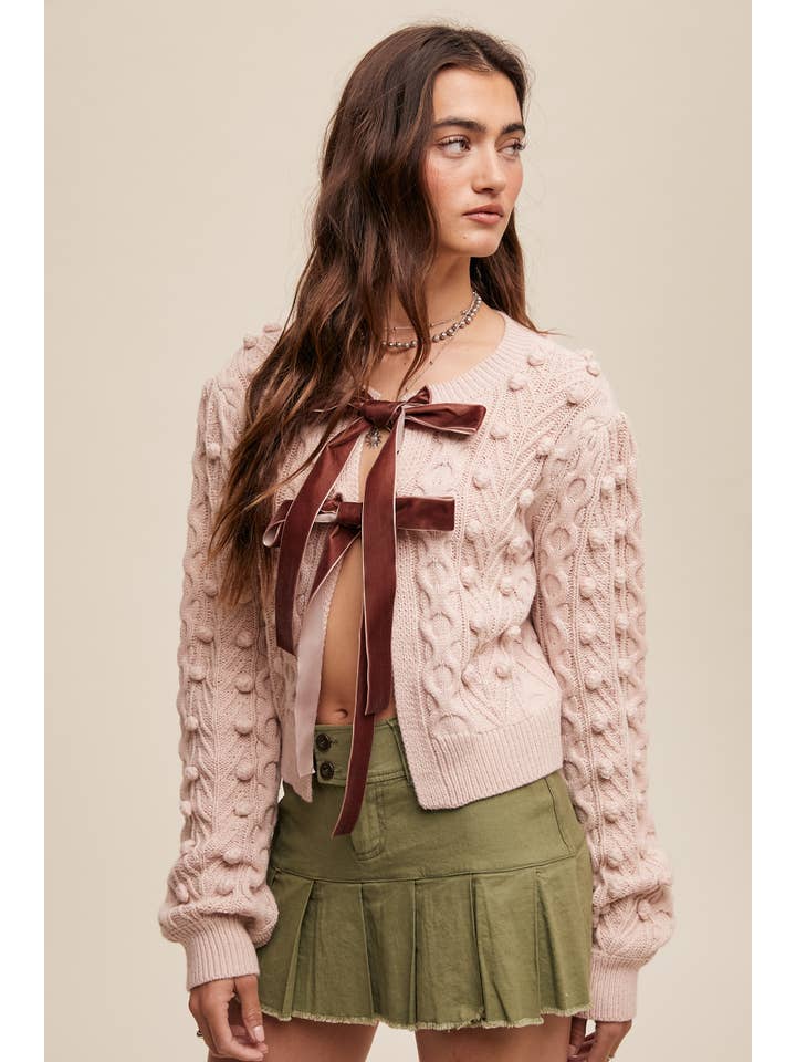 Listicle - Wholesale Cardigan - Women's - Pom Cable Knit Tie Cardigan39