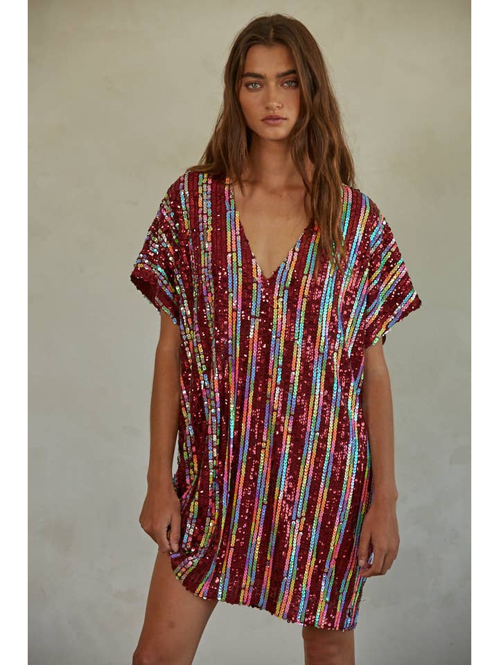 Burgundy Multi L6868 | Woven Polyester Spandex Sequin V-Neck Mini Dress for wholesale on Faire