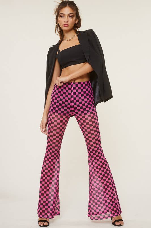 Pink High Waisted Mesh Checkered Print Flared Pants for wholesale on Faire2
