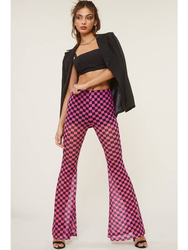 Pink High Waisted Mesh Checkered Print Flared Pants for wholesale on Faire2