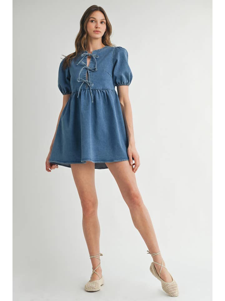 STONE WASH BLUE AD1727 Bow Detail Denim Mini Dress for wholesale on Faire7