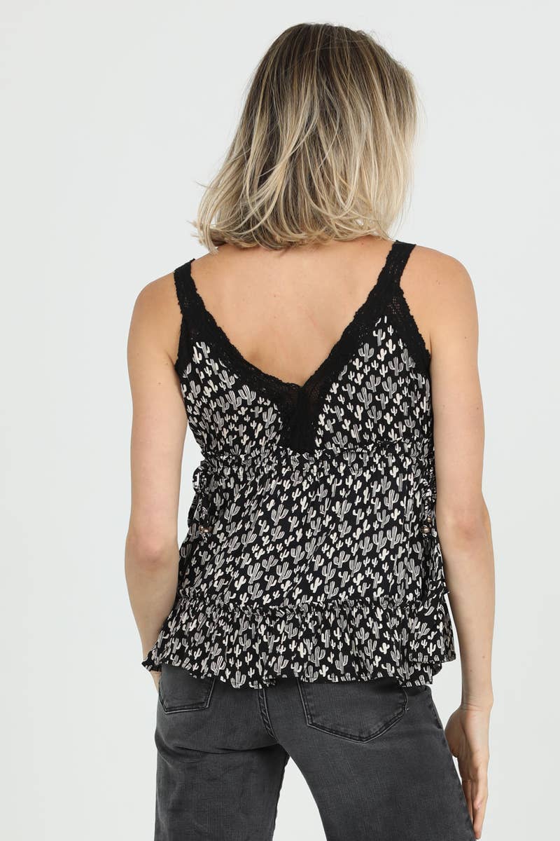 ANGIE - Vente Débardeur – femme - DÉBARDEUR B2BB1-W980 AVEC BORDURE EN DENTELLE À IMPRIMÉ CACTUS ET COL EN V ET LIENS LATÉRAUX1