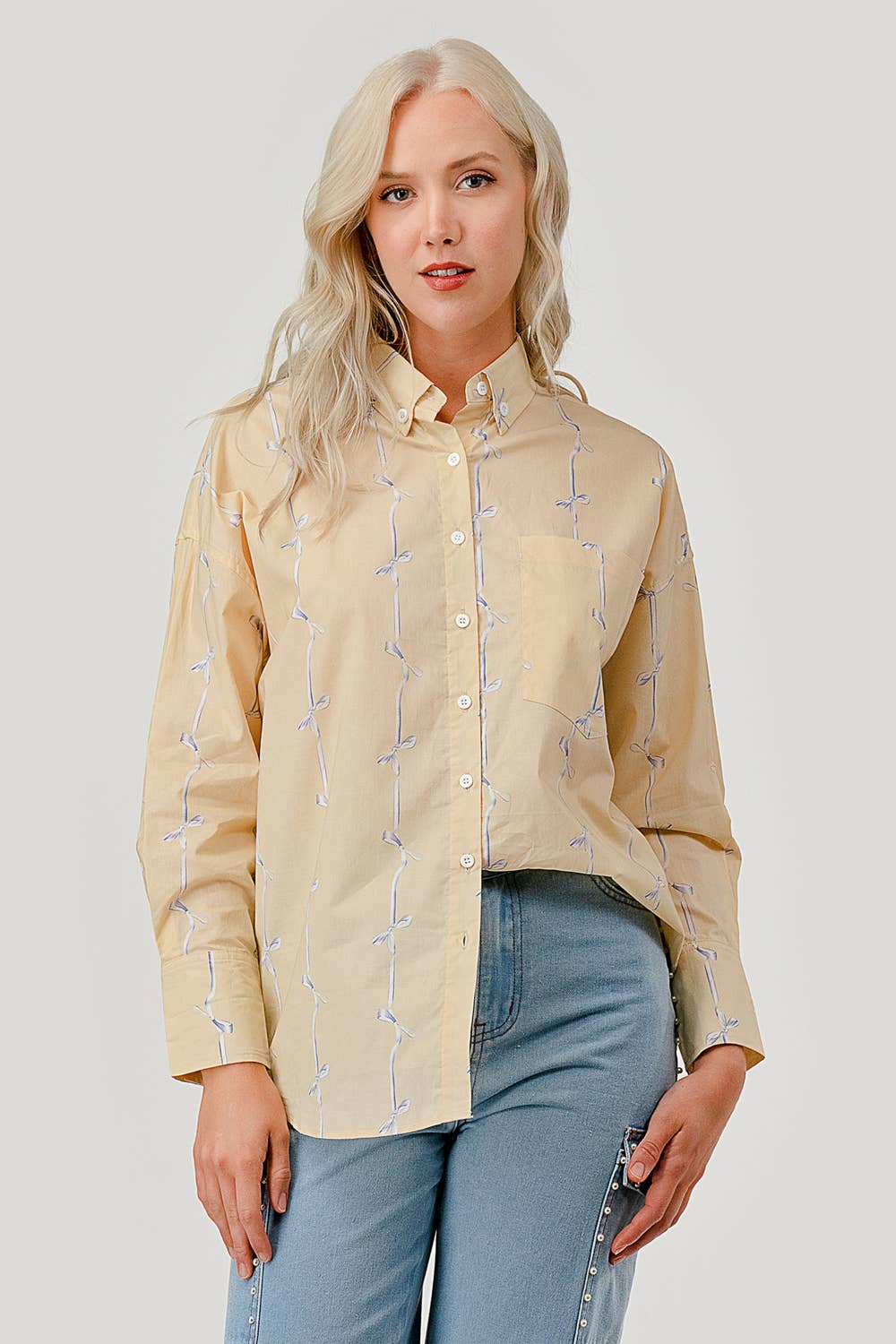GeeGee x Lovelo - Wholesale Button Down Shirt - Women's - Ribbon Stripe Pattern Button-Up Shirt, OT509180