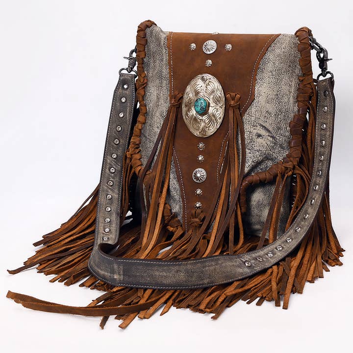 ADBGM555 Western Leather Fringe Messenger Bag - Cowhide Purse with Turquoise Concho & Studded Strap for wholesale by LS Western
