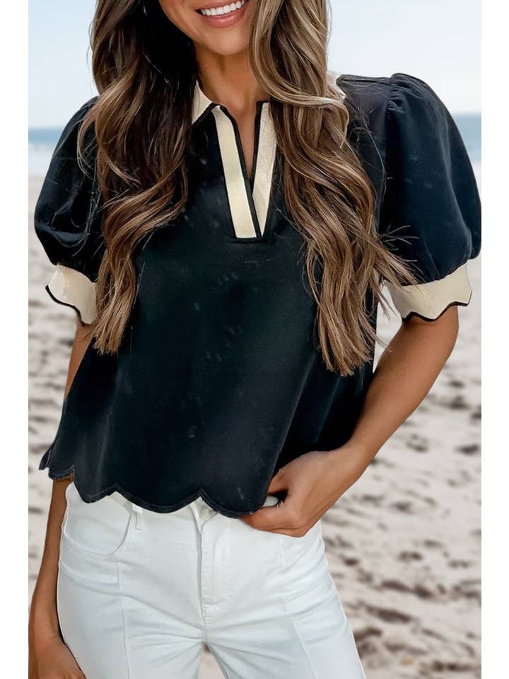 As shown Color Contrast Collared V Neck Puff Sleeve Blouse | S-XL for wholesale on Faire