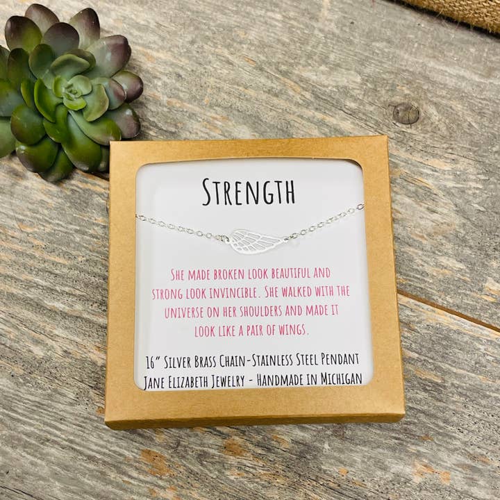 Jane Elizabeth Jewelry - Wholesale Pendant/Charm Necklace - Silver Wing Strength Necklace, Encouraging Gift for Woman1