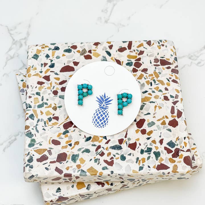 Prep Obsessed Wholesale - Wholesale Stud/Post Earrings - Semi-Precious Turquoise Initial Post Earrings10