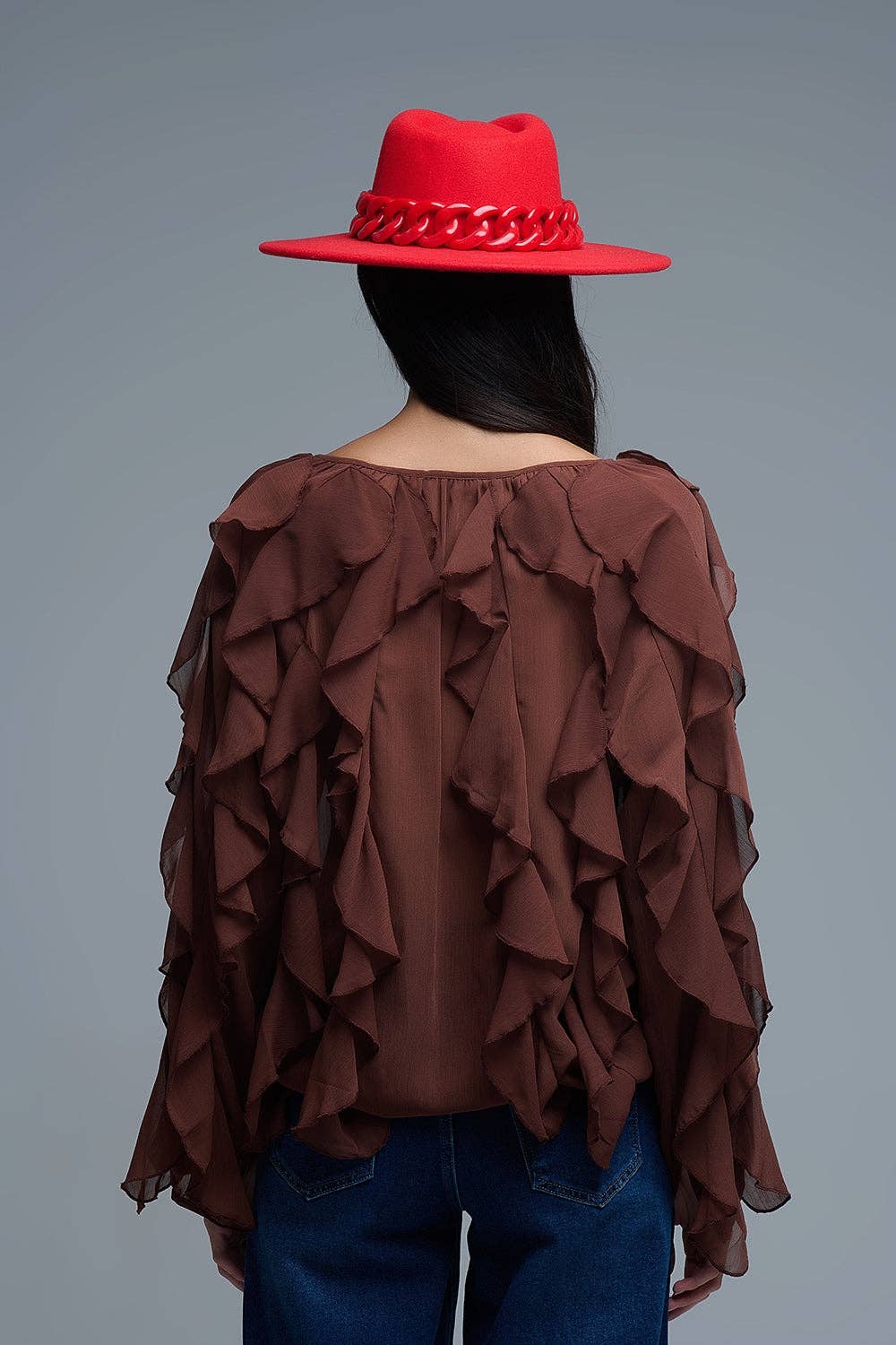 Brown V-Neck All Over Ruffle Blouse for wholesale on Faire3