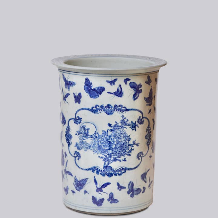 Cobalt Guild - Wholesale Umbrella Stand - Blue and White Butterfly Porcelain Umbrella Stand