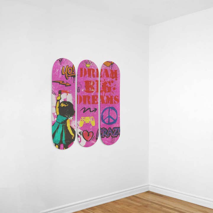 Dream Big Dreams Banksy Graffiti Skateboard Wall Art Pro-Grade Maple Wood Wall Hanging Decor For Living Room for wholesale by SkateboardArtsy