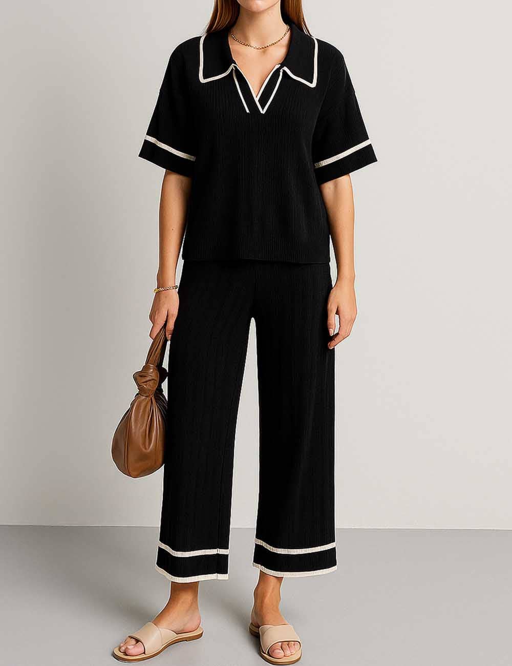 Sweetkama - Wholesale Lounge Set - Women's - Ladies Color Block Polo Collar Knit Top & Pants 2PCS Set16