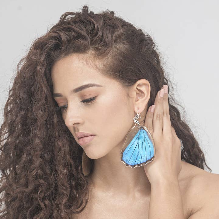 Filigree Earrings - Blue Morpho Hindwings for wholesale by Monarca Eco Friendly Jewelry