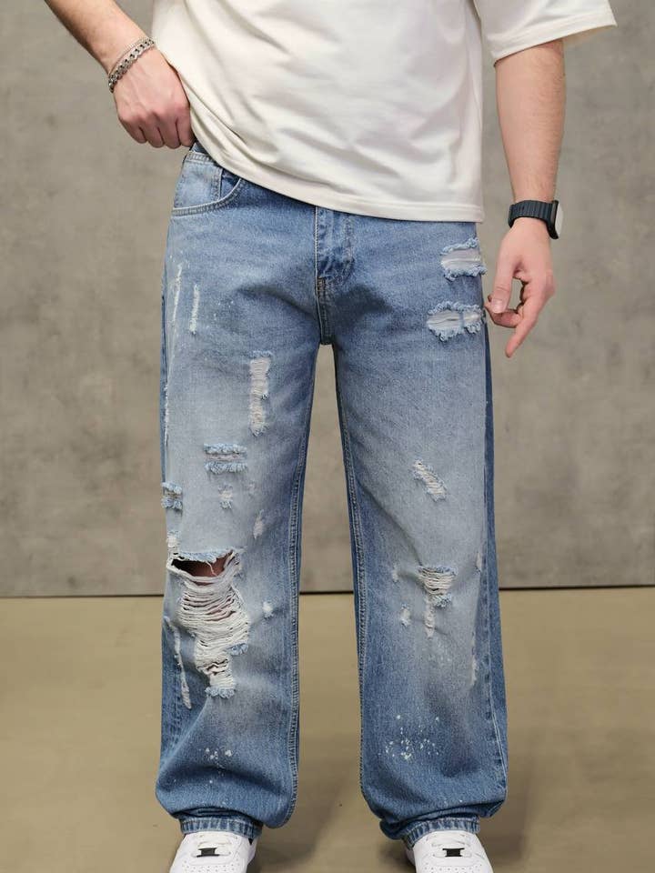 Light Blue Distressed Wide-Leg Denim Jeans for wholesale by PremiumDenim