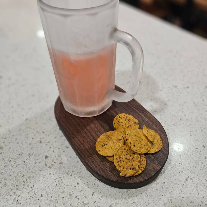 Wood Snack Tray For Food With Holder For Cup for wholesale by Kindling Re-Purposed Wood Products