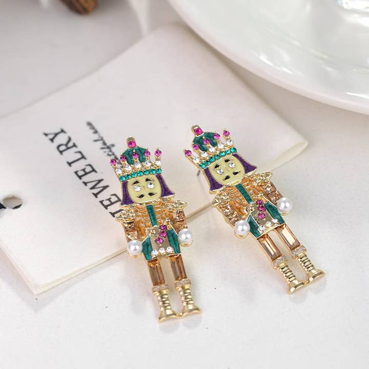 Gold Nutcracker Kinf Alloy Rhinestone Earrings E8664 for wholesale on Faire
