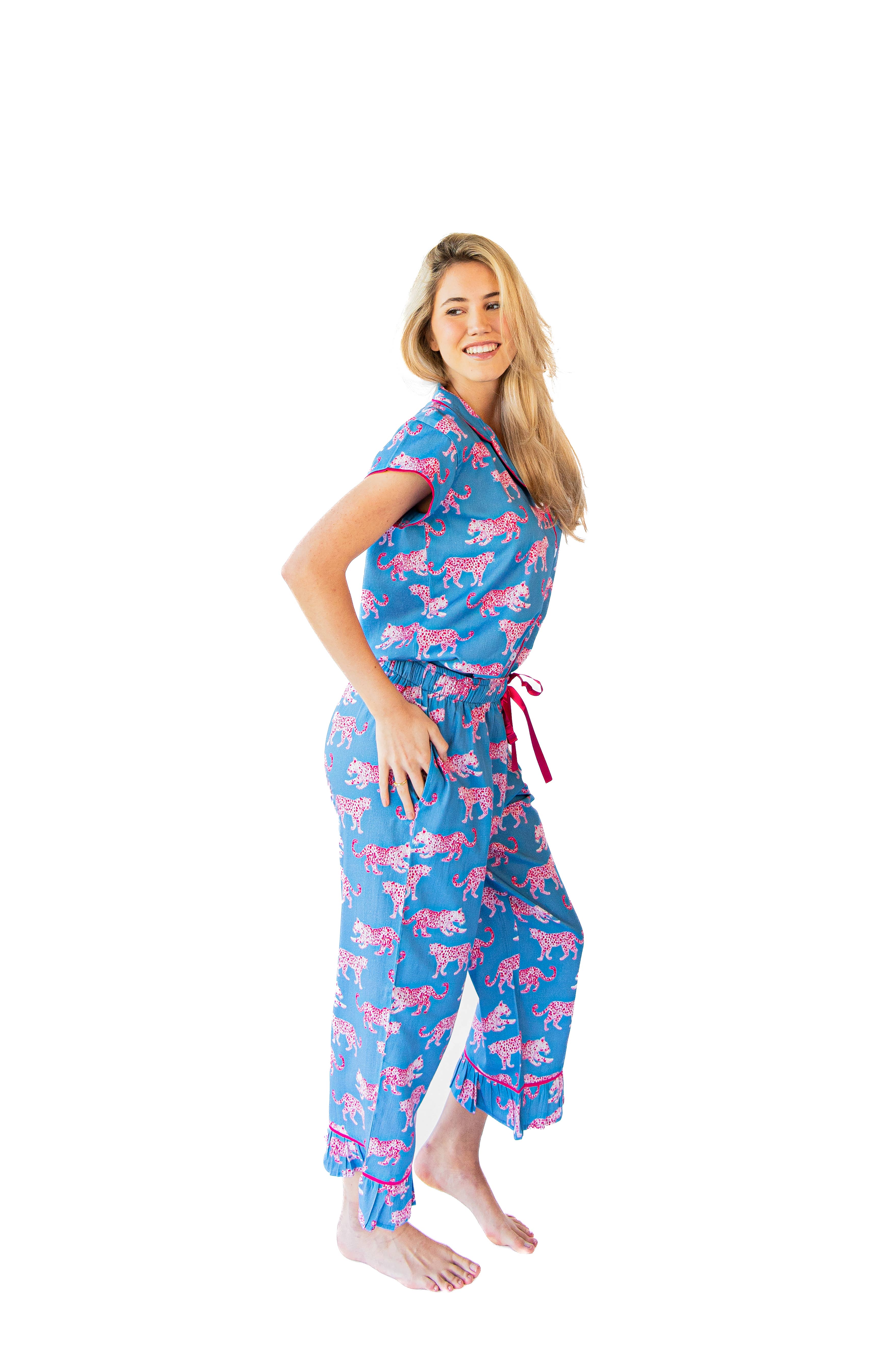 Pink Leopards Luxe Sateen Capri Pajama Set - Blue & Pink for wholesale on Faire5