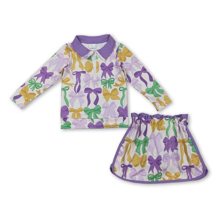 Purple green yellow bows hoodie skirt girls Mardi Gras outfits for wholesale by Yawoo Garments