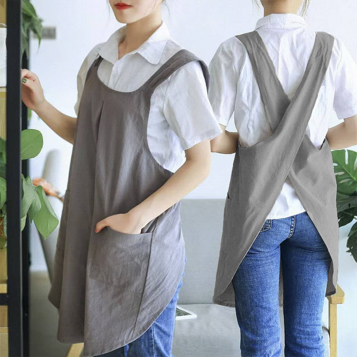 NINEXIS - Wholesale Apron - CWAB3993_COTTON AND LINEN SOLID COLOR TIE-FREE WORK APRON1