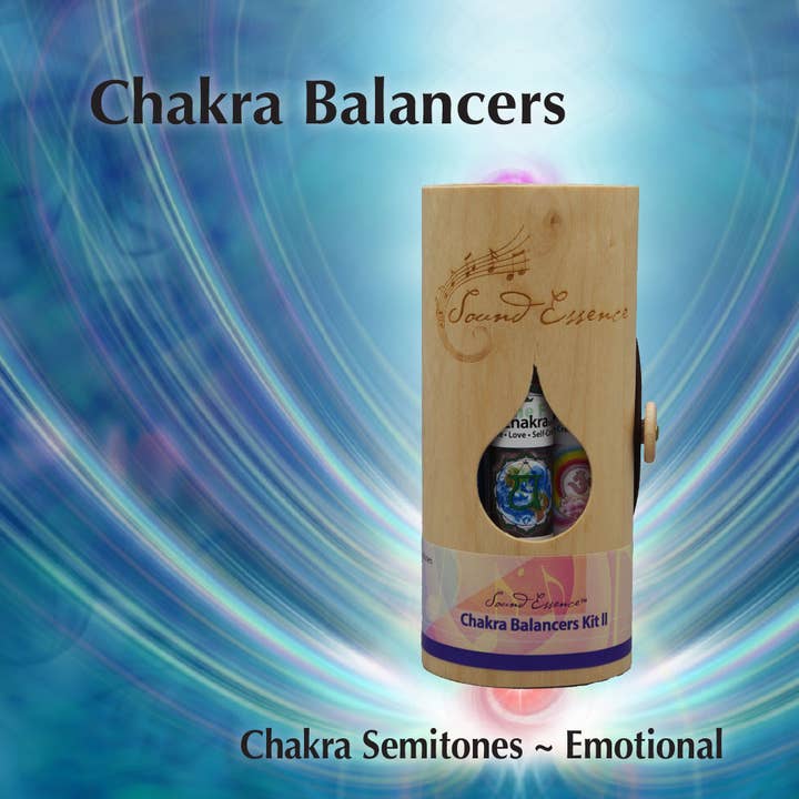 Chakra Semi-tone Balancer set of 7 – 15ml in a wood cylinder for wholesale by Sound Essence Vibrational Remedies Inc