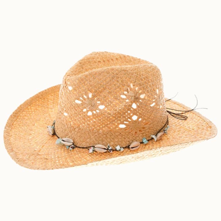 Olive & Pique - Wholesale Straw Hat - Women's - Raffia Straw Beach Cowboy Hat with Shell Details