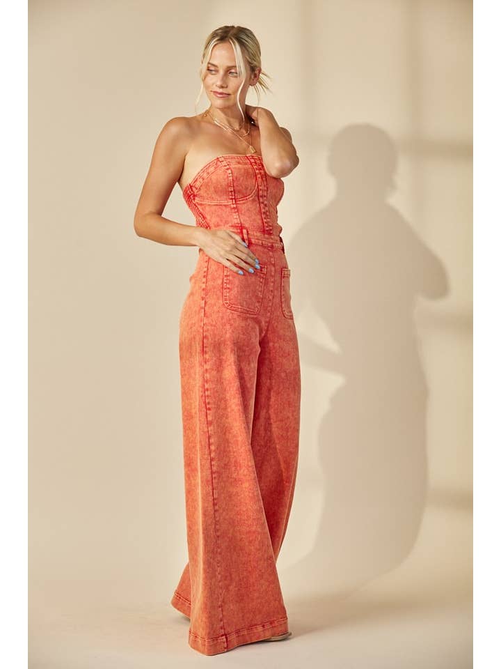 BOHO MINERAL WASH WIDE LEG DENIM JUMPSUIT 4406DEEP RUST for wholesale on Faire5