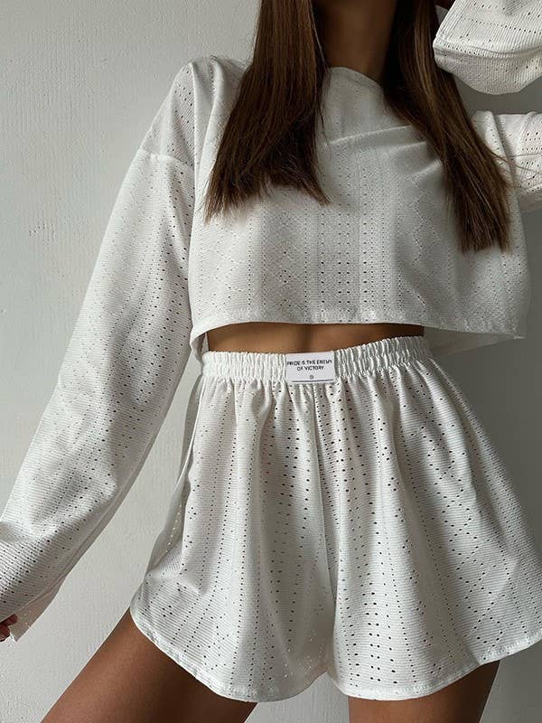 Rosa Clothing - Wholesale Lounge Set - Women's - Eyelet basic long sleeve overfit loose tee lounge shorts set6