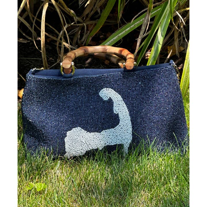 NAVY JANE - Wholesale Top Handle Bag - Women's - Navy Beaded Purse With Cape Cod Design - Bamboo Handles