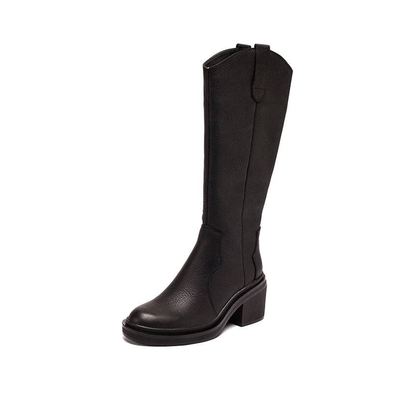 DWARVES - Vendita all'ingrosso Stivali da cowboy - Donna - Stivali al ginocchio in pelle, stivali da cowboy, stivali da equitazione retrò con tacco a blocchi, colore nero/rosso/caffè13