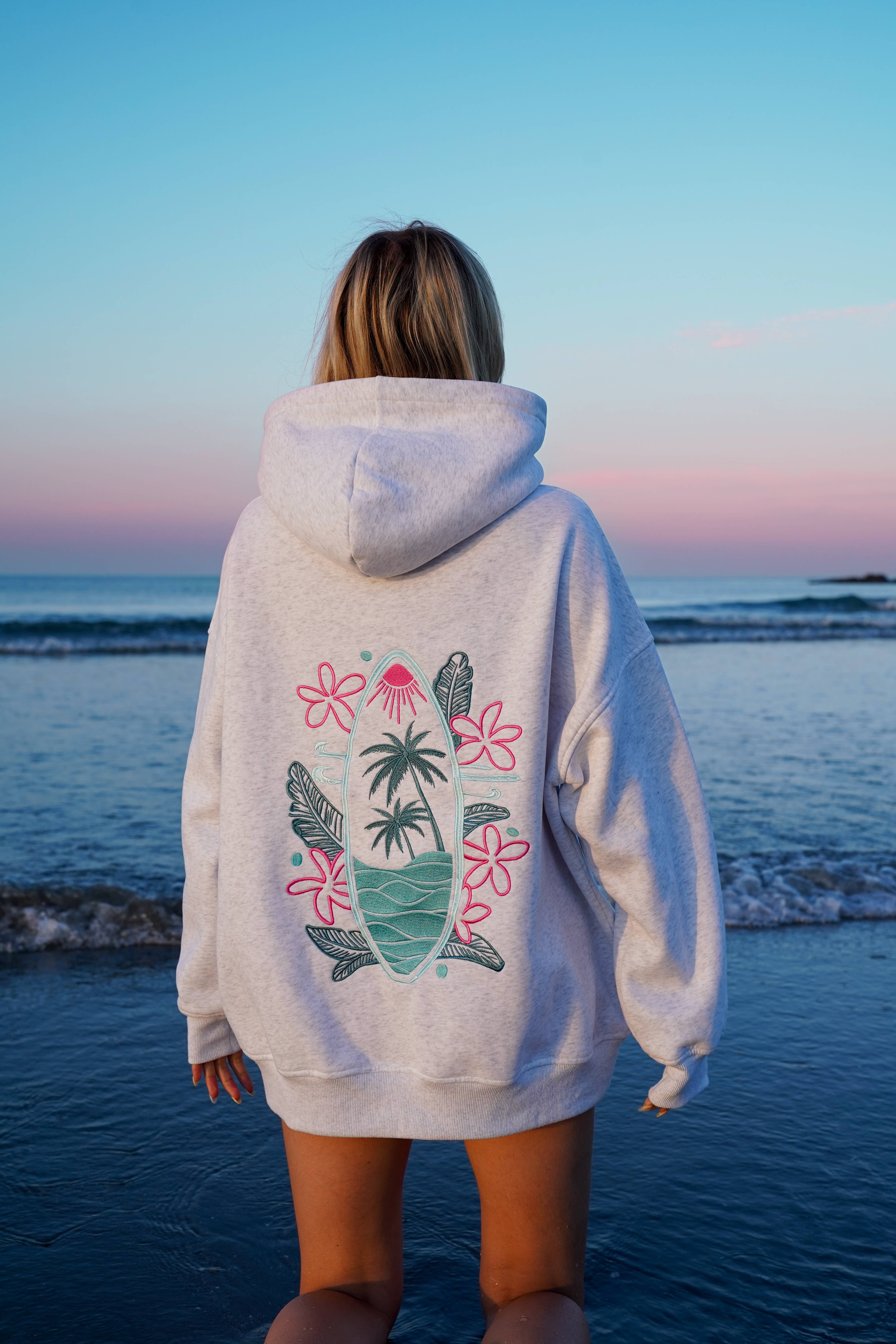 Pearl Grey Surfing The Waves Embroider Hoodie for wholesale on Faire11