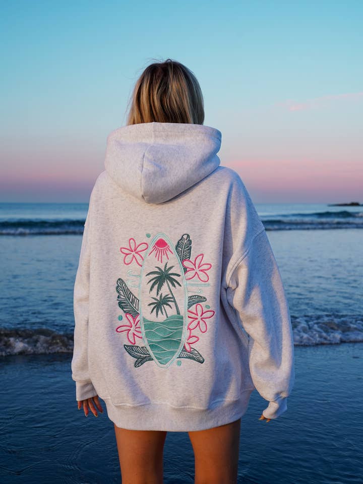 Pearl Grey Surfing The Waves Embroider Hoodie for wholesale on Faire11